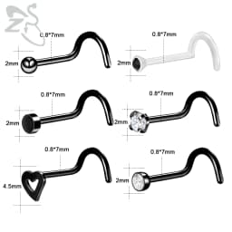 ZS 6-34pcs/Lot Heart Round Nose Piercing Ring Set Stainless Steel Crystal Nose Stud Pack L Shape Nose Nails Piercing Jewelry 20g