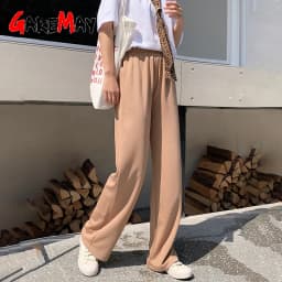 Slacks Women's Loose Summer Pants Soft Ice Silk Ankle-Length Black Wide Leg Pants Grey Khaki Women High Waisted Trousers