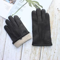 Men's new deerskin gloves touch screen hand sewn stylish corrugated wool knit lined warm driving leather gloves