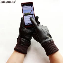 Motorcycle Riding Touch Screen Deerskin Gloves Men's Wool Lining Threaded Sleeves Winter Warm Car Driving Leather Finger Gloves