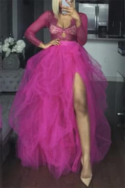 Women Tutu Long Skirt Front Split Layered Tulle Maxi Puffy Skirts Floor Length Wedding Night Out Party Club Clothes