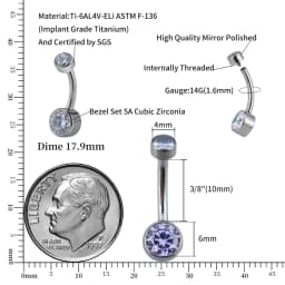 Right Grand ASTM F136 Titanium Belly Button Rings 10mm 12mm with Round CZ Internally Threaded Navel Rings Belly Bars