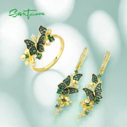 SANTUZZA Silver Ring For Women 925 Sterling Silver Butterfly Gold Color Shiny Green Spinel Elegant Trendy Party Fine Jewelry