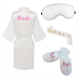 4pc set of bride robe eyemask slippers sash bridesmaid kimono wedding bridal party Bachelorette bathrobe getting ready robes