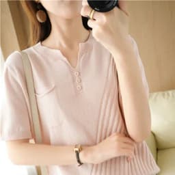 100% cotton summer V-neck short-sleeved knitted T-shirt Ladies casual loose half-sleeved top solid color wild pullover