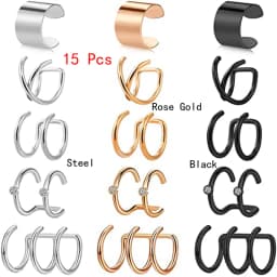 1Pcs/15 Pcs Stainless Steel Ear Cuff Helix Cartilage Clip On Wrap Earrings Fake Nose Ring Non-Piercing Adjustable Men Women
