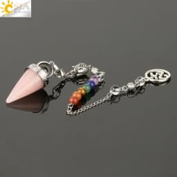 CSJA Natural Stone Cone Pendulums Crystal 3D Buddha 7 Chakras Chain Reiki Pendulum for Dowsing Pendule Radiestesia Pendulo G251