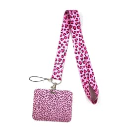 Pink Leopard Print Lanyard Credit Card ID Holder Bag Student Women Travel Card Cover Badge Car Keychain Decorations