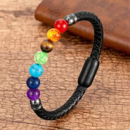 Natural Round Chakra Bead Stone Men's Bracelet Classic Black Genuine Leather Stainless Steel Bangles Women 2020 Fashion Jewelry
