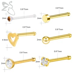 ZS 6-34pcs/Lot Heart Round Nose Piercing Ring Set Stainless Steel Crystal Nose Stud Pack L Shape Nose Nails Piercing Jewelry 20g