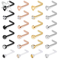 ZS 6-34pcs/Lot Heart Round Nose Piercing Ring Set Stainless Steel Crystal Nose Stud Pack L Shape Nose Nails Piercing Jewelry 20g