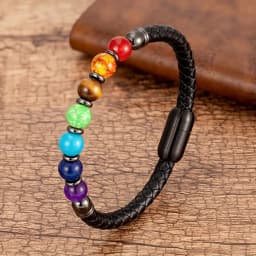 Natural Round Chakra Bead Stone Men's Bracelet Classic Black Genuine Leather Stainless Steel Bangles Women 2020 Fashion Jewelry