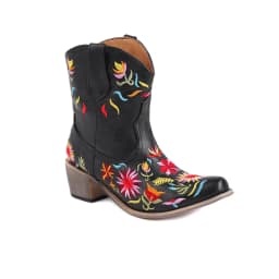 Women's Short Boots With Embroidered Flowers Pointed Toe And Thick Heels Oversized Western Boots With Plush Floral Inner Lining