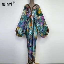 Sexy bech high-quality hand-rolled feel silk rayon fashion print 2021 WINYI Maxi women's robes long beach V-neck Bohemian dress