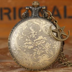 Retro Bronze Turkey Flag Design Moon Star Circle Quartz Antique Pocket Watch Punk Necklace Pendant for Men Women with Accessory