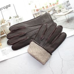 New Deerskin Gloves Men's Leather Outer Stitched Striped Retro Motorcycle Riding Driving Autumn and Winter Wool Knitted Lining