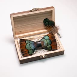 EASTEPIC Handmade Feather Bow Tie Brooch Wooden Box Set Men's Exquisite Accessories for Wedding Party Birthday Gift Necktie