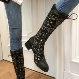Plush Thick High-Heeled Cross-Lace Knight Boots Checkerboard Woven Tweed Lattice Imported Pattern Stitching PU Knee Boots