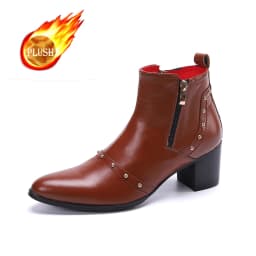 Autumn And Winter Pointed High heels Men's boots Tie a chain Rivet Belt buckle Thick heel Genuine Leather Thick heeled boots