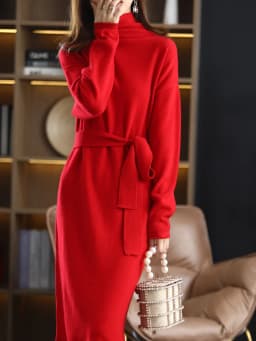 26 The New Pullover 100% Wool Ladies Dress Solid Color Long-Sleeved Knitted Fashion Slim Long High-Neck Cashmere Dress Sweate