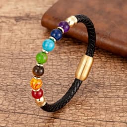 Natural Round Chakra Bead Stone Men's Bracelet Classic Black Genuine Leather Stainless Steel Bangles Women 2020 Fashion Jewelry