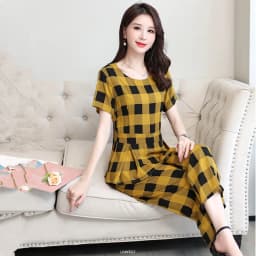 UHYTGF Cotton Silk 2 Pieces Sets Women's Summer Suit Fashion 5XL Loose Size Thin Two-Piece Sets Short Tops+Pants Tracksuit 1427