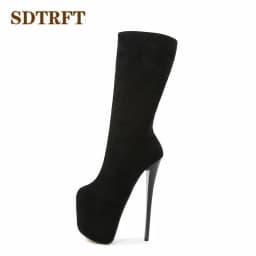 SDTRFT Leopard Print Shoes Woman 19cm Thin Heels Knee-High Boots Round Toe Platform Botas Mujer Botas Pumps US14 15 16 17 18 19