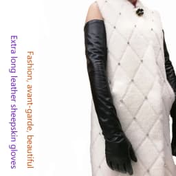 Women's Long Sheepskin Gloves with Touch Screen Leather Super Long Arm Sleeves Fashionable Warm Cashmere for Autumn Winter