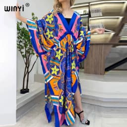 Sexy bech high-quality hand-rolled feel silk rayon fashion print 2021 WINYI Maxi women's robes long beach V-neck Bohemian dress
