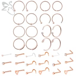 ZS 6-34pcs/Lot Heart Round Nose Piercing Ring Set Stainless Steel Crystal Nose Stud Pack L Shape Nose Nails Piercing Jewelry 20g