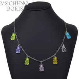 Handmade 7 Colors Cute Cartoon Bear Acrylic Chain Necklaces Candy Color Pendant For Women&Girl Daily Jewelry Party Gifts