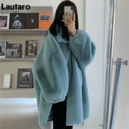 Lautaro Winter Long Oversized Warm Soft Fluffy Faux Fur Coat Women Drop Shoulder Long Sleeve Casual Loose Korean Fashion 2021