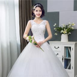 Customized Cheap Korean V-Neck Lace Tank Sleeveless Floral Print Ball Gown Ivory Wedding Dress New Simple Estidos De Noivas