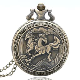 Vintage Bronze Pocket Watch Quartz Retro Horse Full Hunter Pendant Watch with Fob Necklace Chain Best Gift for Men Women Reloj