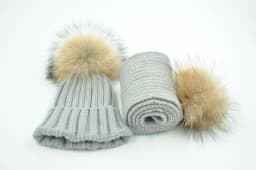 Jaxmonoy Baby Hat and Scarf Set Thick Stretchy Knitted Beanie for Boys and Girls Real Raccoon Fur Pom Pom Winter Hats for Kids