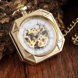 Luxury Gold Polygon Design Mechanical Pocket Watch with FOB Chain Skeleton Steampunk Hand Wind Mechanical Mens Watch With Chain
