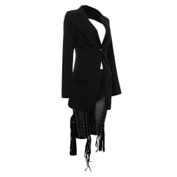Cardi B Outfit Lace Up Blazer Backless 2 Piece Pants Set Tassel Eyelet Embellished Buckle V Neck Outwear Sexy Mesh Pants