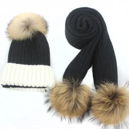 Children knitted Scarf and Hat Set Luxury Winter Warm Crochet Hats and scarves with Real fur pom Beanie Hat for boys and girls