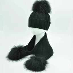 Jaxmonoy Baby Hat and Scarf Set Thick Stretchy Knitted Beanie for Boys and Girls Real Raccoon Fur Pom Pom Winter Hats for Kids