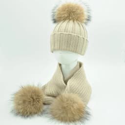 Jaxmonoy Baby Hat and Scarf Set Thick Stretchy Knitted Beanie for Boys and Girls Real Raccoon Fur Pom Pom Winter Hats for Kids