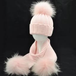 Jaxmonoy Baby Hat and Scarf Set Thick Stretchy Knitted Beanie for Boys and Girls Real Raccoon Fur Pom Pom Winter Hats for Kids