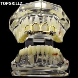 TOPGRILLZ Grill Set Gold Color Plated Four Full Open Face Hollow Tooth Grillz Top with CZ & Bottom Teeth Grills For Men & Women