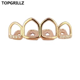 TOPGRILLZ Grill Set Gold Color Plated Four Full Open Face Hollow Tooth Grillz Top with CZ & Bottom Teeth Grills For Men & Women