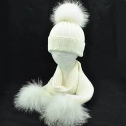 Jaxmonoy Baby Hat and Scarf Set Thick Stretchy Knitted Beanie for Boys and Girls Real Raccoon Fur Pom Pom Winter Hats for Kids
