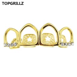 TOPGRILLZ Grill Set Gold Color Plated Four Full Open Face Hollow Tooth Grillz Top with CZ & Bottom Teeth Grills For Men & Women