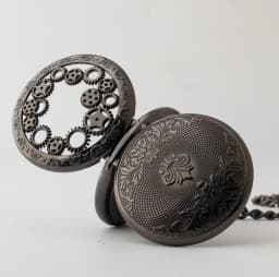 Double Opened Vintage Black Steampunk Gears Hollow Mechanical Pocket Watch Hand Wind Skeleton Necklace Clock Men Womens Gifts