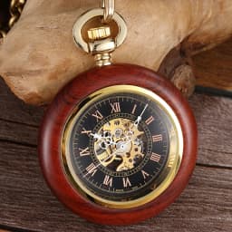 Square Wooden Mechanical Pocket Watch Chains Luxury Red Wooden Hand Winding Skeleton Fob Watches Men Women Clock Gifts Reloj