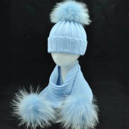 Jaxmonoy Baby Hat and Scarf Set Thick Stretchy Knitted Beanie for Boys and Girls Real Raccoon Fur Pom Pom Winter Hats for Kids