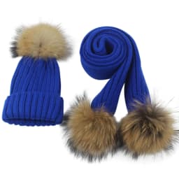 Children knitted Scarf and Hat Set Luxury Winter Warm Crochet Hats and scarves with Real fur pom Beanie Hat for boys and girls