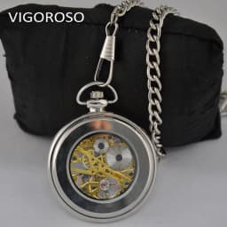 Stainless Steel Mechanical Pocket Watch Transparent Open Face Silver Steampunk Wind up Watch FOB Chain Clock Gift VIGOROSO Brand
